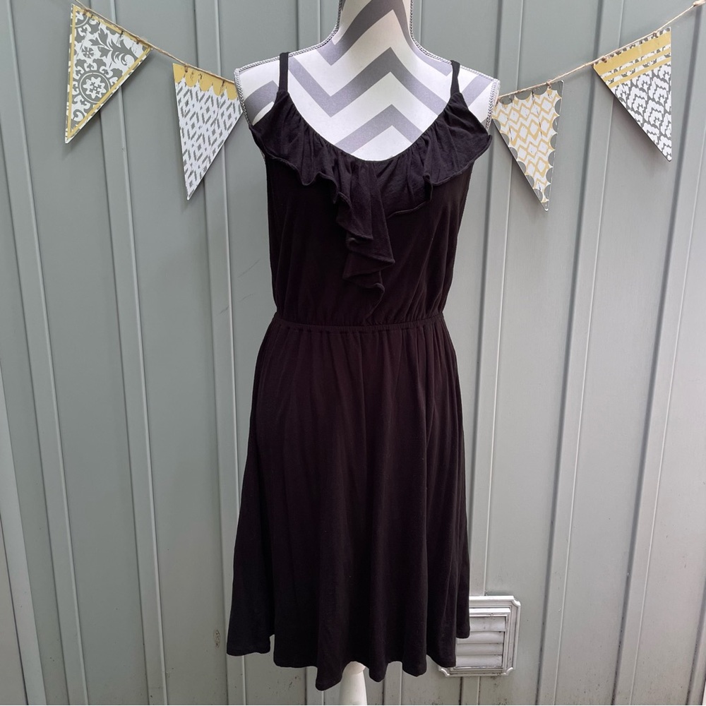 Loft Black Ruffle Front Spaghetti Strap Dress Elastic Waist Pull On Style